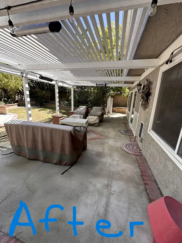 Patio cover after cleaning, with the word After drawn on the photo