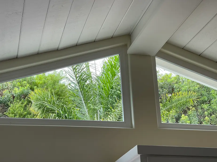 Vaulted white ceiling with a triangular picture window looking onto palms