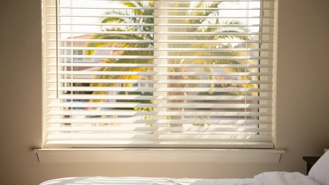 Clean white horizontal blinds in a sunny bedroom window