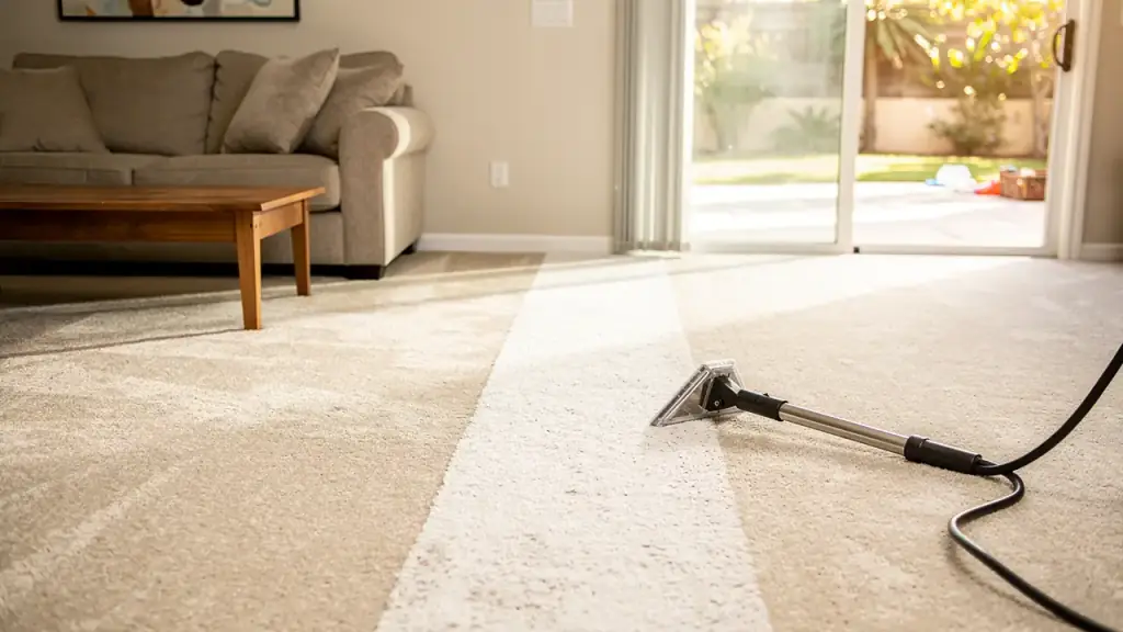 Freshly cleaned lane across a living room carpet with an extraction wand