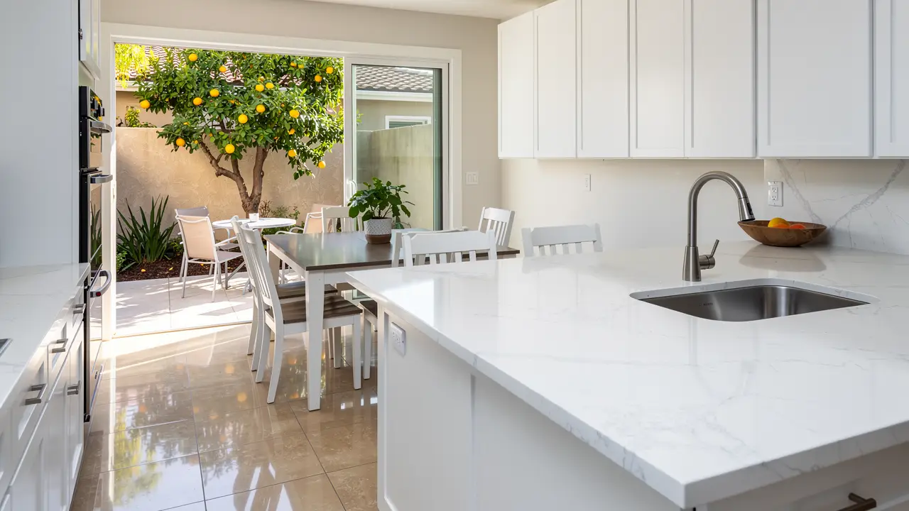 Bright clean kitchen and dining area opening onto a patio