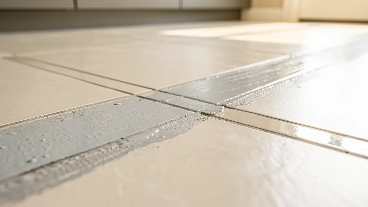 Porcelain floor tiles with one band of grout cleaned bright